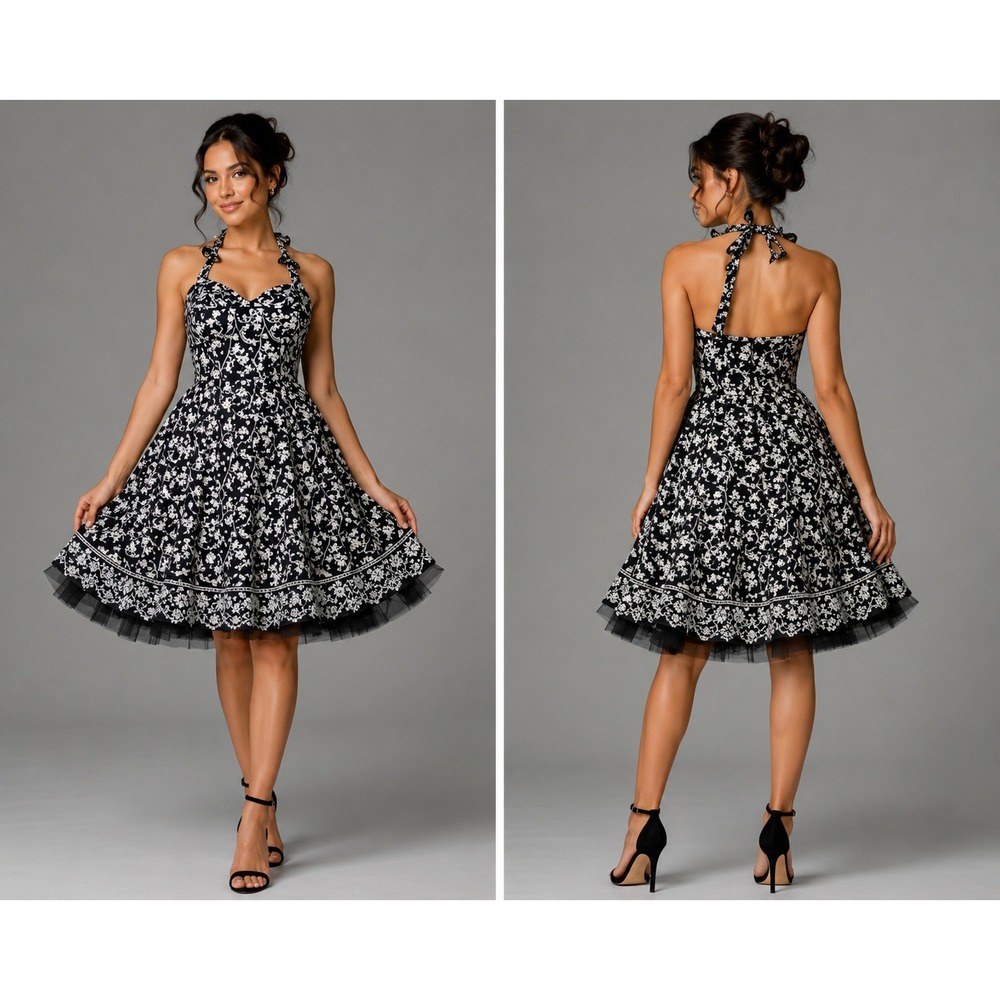 Speechless Vintage Style Floral Sequin Halter Swing Dress Black White Tulle Hem‎